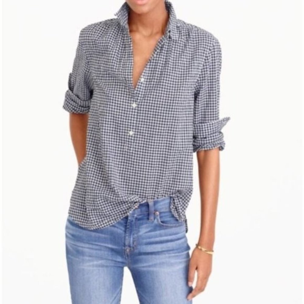 J. Crew Gathered Popover Top in Microgingham Sz 4 Navy and White